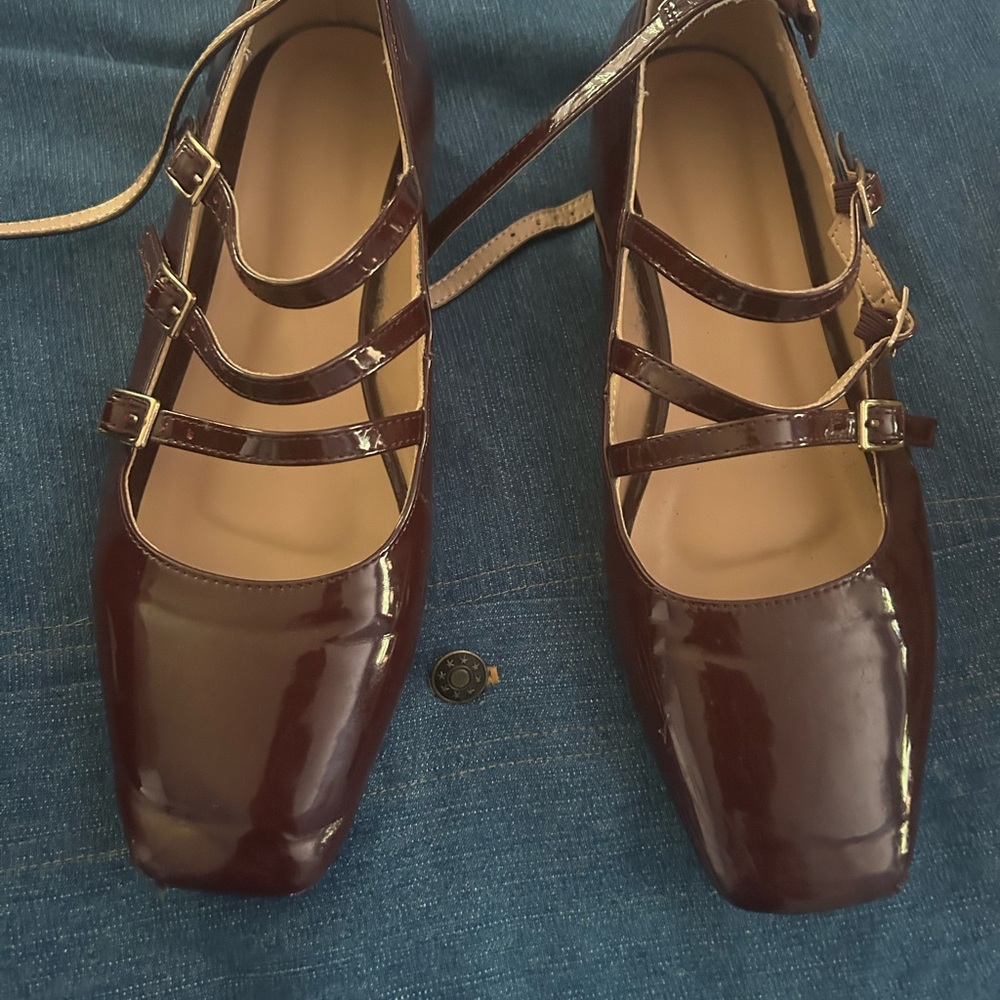 Triple-Strap Square-Toe Ballet Flats in Deep Burgundy
